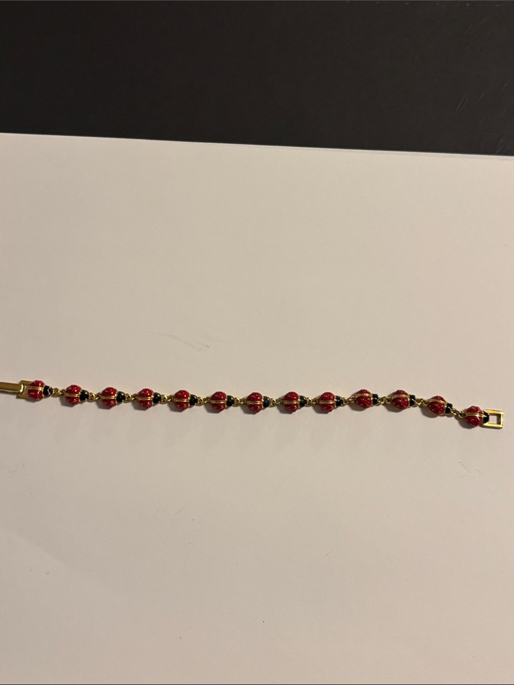 Vintage Signed Joan Rivers Red Enamel Ladybug Link Tennis Bracelet Gold Plated